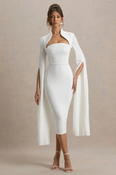 Linden | White Bodycon Cape-Sleeve Midi Dress