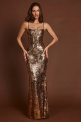 Embellished Straight-Neck Maxi Dress in Black Gold Foil