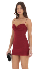 Shimmer Ruched Bust Dress in Maroon