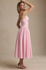 Broderie Anglaise Bow-Detail A-Line Midaxi Dress in Soft Pink