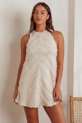 Caro Fringe Trim Shift Mini Dress Cream