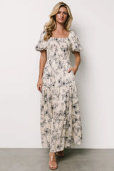 Susanna Smocked Maxi Dress | Ivory + Blue Floral