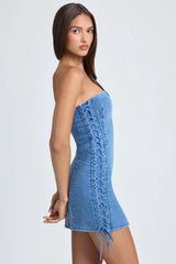 Bandeau Lace-Up Mini Dress in Mid Blue Stonewash