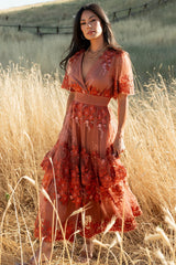 Lotte Embroidered Midi Dress | Rust