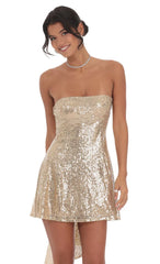 Sequin Back Bow Dress in Gold