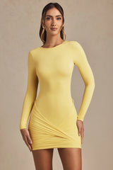 Twist-Front Ruched Backless Mini Dress in Pastel Yellow