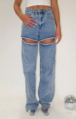 Gem Diamante Trim Wide Leg Denim Jeans