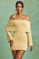 Bouclé Off-Shoulder Mini Dress in Yellow