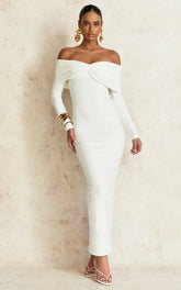 Rani Maxi Dress Off Shoulder Long Sleeve Bodycon Dress in Off White