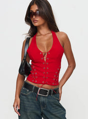 Come See Me Tie Up Halter Top Red