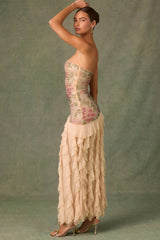 Embellished Ruffle-Trim Strapless Gown in Rose Hotfix