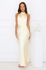 Draped In Diamonds Satin Halter Maxi Dress Yellow