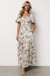 Susanna Smocked Maxi Dress | Ivory + Blue Floral