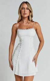 Gelli Mini Linen Blend Dress Strappy Lace Detail Dress in White