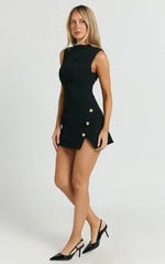 Langley Mini Dress Sleeveless High Neck Faux Wrap Tulip Dress in Black