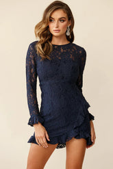 Tilly Lace Overlay Ruffle Trimmed Back Dress Navy
