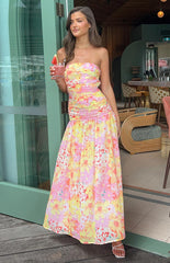 Sinclair Yellow Floral Print Strapless Maxi Dress