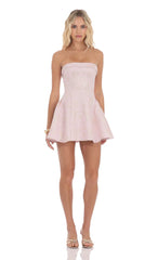 Shimmer Jacquard Strapless Flare Dress in Dusty Pink