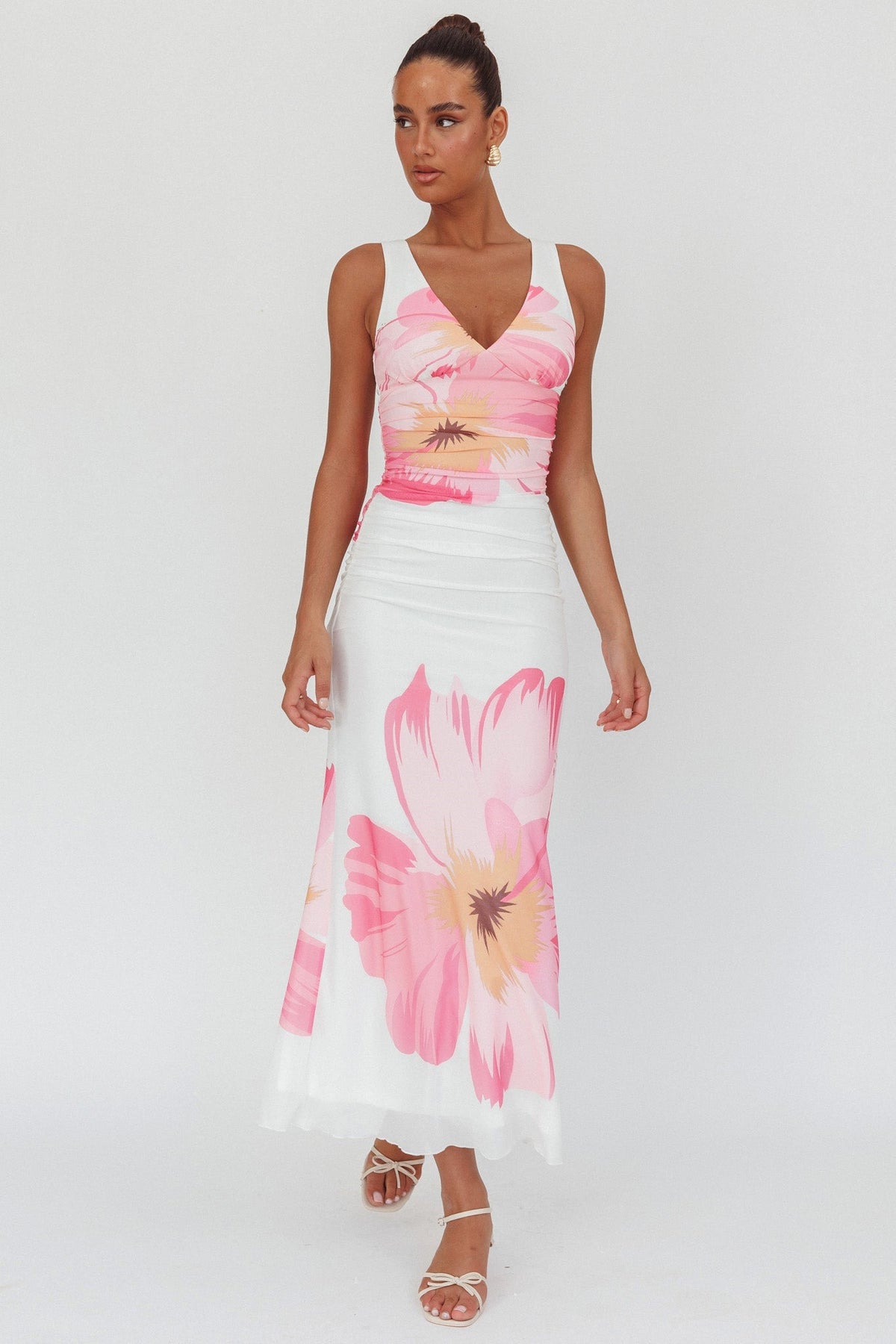 Oliana V-Neck Mesh Maxi Dress Hibiscus White/Pink