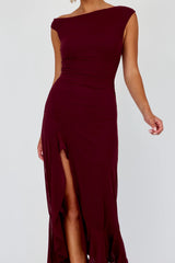 Moonlit Magic Asymmetric Neckline Maxi Dress Wine
