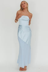 Moon Aura Pleat Detail Strapless Maxi Dress Blue
