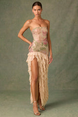 Embellished Ruffle-Trim Strapless Gown in Rose Hotfix