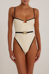 Belted One Piece (Faux Suede Cream/Black)