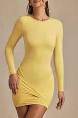 Twist-Front Ruched Backless Mini Dress in Pastel Yellow