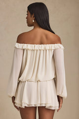 Off-Shoulder Asymmetric Balloon-Sleeve Mini Dress in Ivory