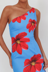 Lights On One-Shoulder Ruffle Hem Maxi Dress Floral Blue