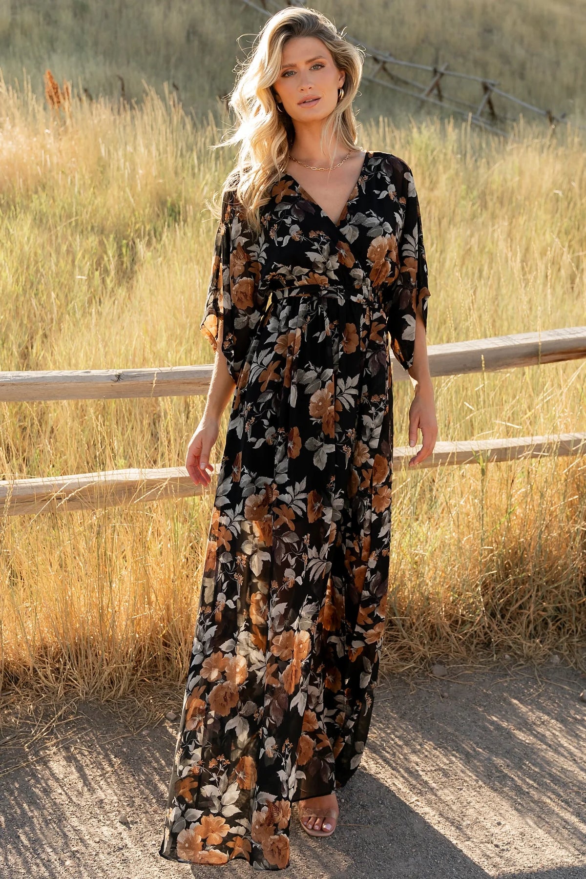 Kia Kimono Maxi Dress | Black + Copper Floral