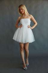 Grace Strapless Floral Applique Tulle Babydoll Mini Dress