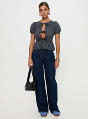 Verah Tie Up Puff Sleeve Top Navy Check