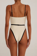 Belted One Piece (Faux Suede Cream/Black)