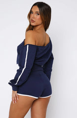 High Roller Off Shoulder Long Sleeve Sweater Navy