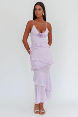 Marlie Frill Trim Rosette Maxi Dress Lilac