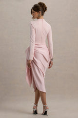 Raffie | Pink Long-Sleeve Midi Dress With Satin Wrap Skirt