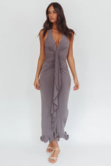 Ray Of Light Ruched Halterneck Maxi Dress Taupe