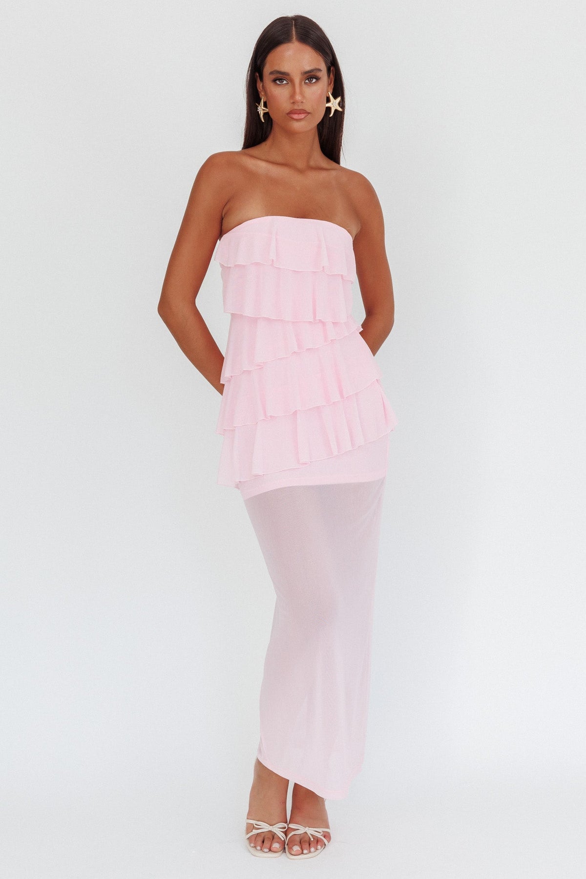 Crewe Strapless Ruffle Maxi Dress Pink