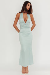 Italia Azure Pleat Bodice Halterneck Maxi Dress Sage