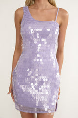 Nights In Portofino Asymmetric Shoulder Sequin Mini Dress Purple