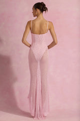 Semi-Sheer Embellished Corset Gown in Pink