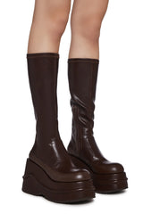 New Fans Wedge Stretch Boots - Brown
