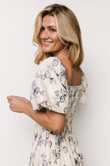 Susanna Smocked Maxi Dress | Ivory + Blue Floral
