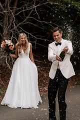 Zuri | Elegant  A-Line V Neck White Chiffon Wedding Dress with Appliques