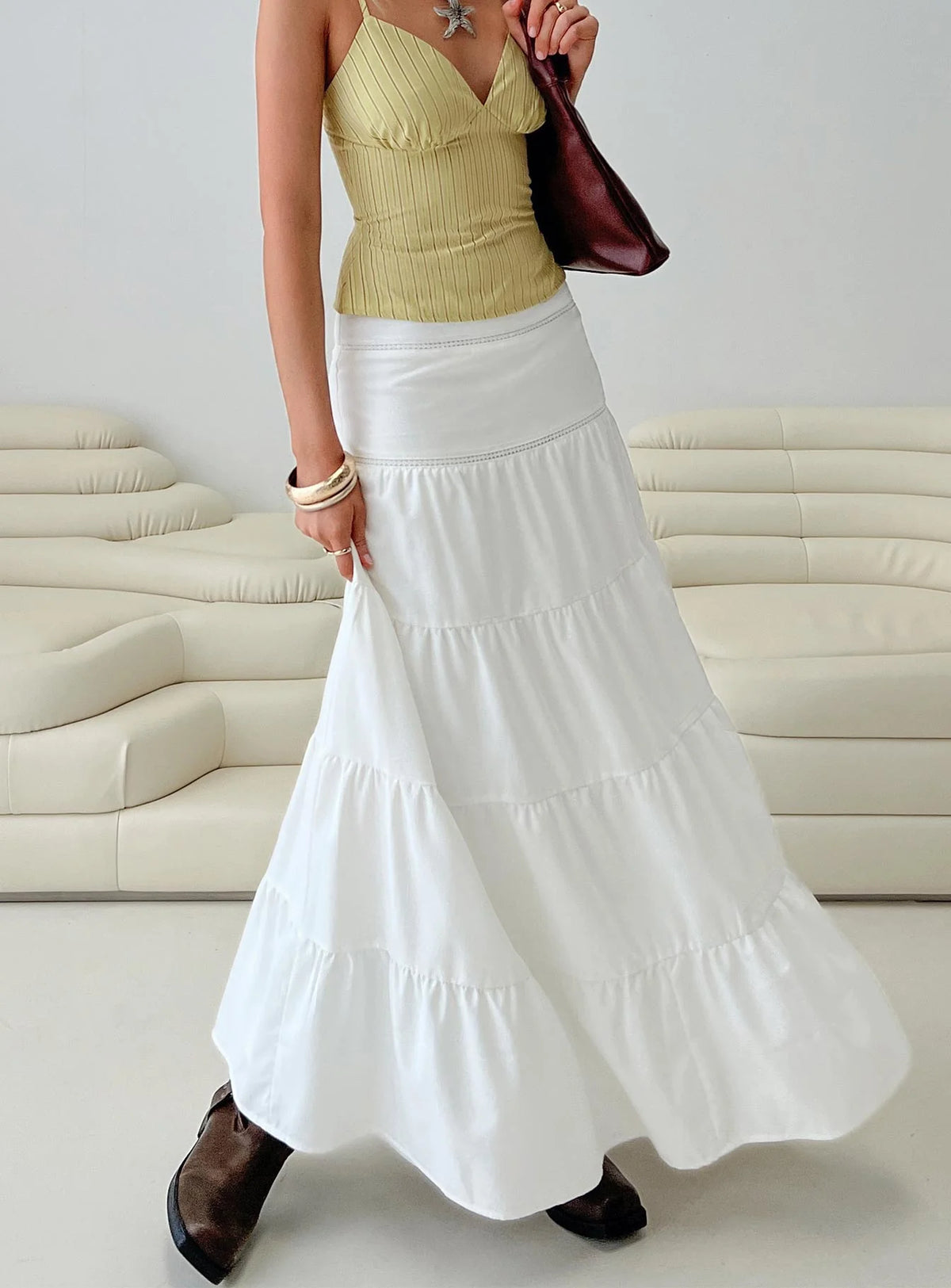 Snowy River Tiered Maxi Skirt White