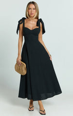 Tymia Midi Dress Shoulder Tie Bustier Shirred Back A Line in Black