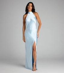 Andie Halter Open Back Slit Satin Formal Dress