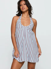 Daydreams Linen Blend Halter Mini Dress Blue / Maroon Stripe