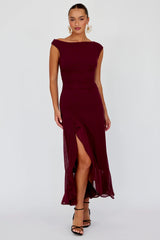 Moonlit Magic Asymmetric Neckline Maxi Dress Wine